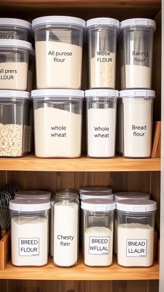 A pantry shelf with labeled airtight containers of flour, organized for easy access.